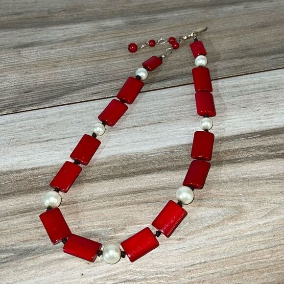 Vintage Knotted Pearl Bead Necklace Women’s Red And White Retrocore Bohemian - Picture 5 of 8